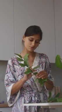 Bir kadın şık mutfağında yeşillik düzenler, sükuneti ve doğal güzelliği çağrıştırır.