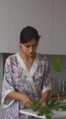 Bir kadın modern mutfağında yeşillik düzenler, uzayın dingin ve güzel atmosferini arttırır.