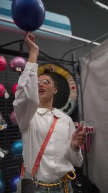 Canlı ve canlı bir kapalı mekan sahnesi neşeli bir kızı çeşitli renkli bowling toplarının keyfini çıkarırken gösteriyor.