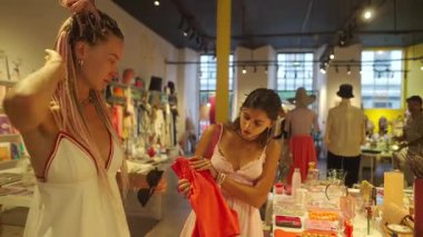 İki şık arkadaş şık bir butik ortamında canlı ve modaya uygun moda eserlerini birlikte keşfetmekten hoşlanırlar.