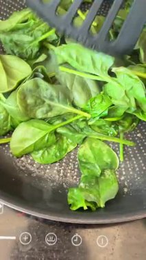 Taze ıspanağın süzülmesini, canlı renkler ve sağlıklı pişirme yöntemleri sergilemesini izleyin.