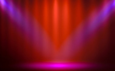 Sergi sahnesinde kırmızı perdeler, spot ışıkları ve boş yer var. Ürün tasarım konsepti, sahne parodisi