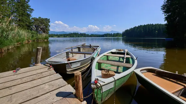 Bereketli ormanlarla ve parlak mavi gökyüzünün altındaki uzak dağlarla çevrili sakin bir göldeki ahşap bir rıhtıma demirlemiş kayıklar. Suyun kenarında sakin bir yaz günü