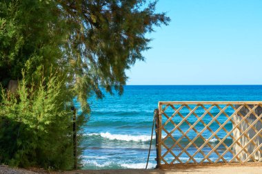 Tahta kapı turkuaz deniz dalgaları ve açık mavi gökyüzü olan güzel bir sahile açılıyor. Bereketli yeşil ağaçlar ve sakin okyanus manzaralı kıyı manzarası yaz tatili ve dinlenme için mükemmel..