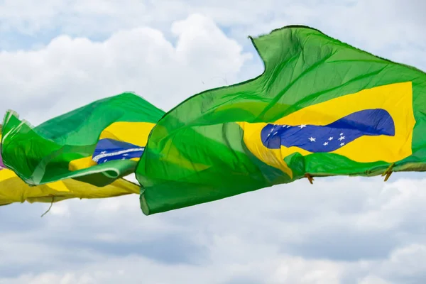 Some Brazilian Flags Waving Wind Display Clothesline Cloudy Sky Background — Stock Photo, Image