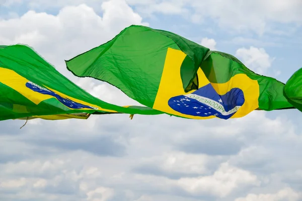 Some Brazilian Flags Waving Wind Display Clothesline Cloudy Sky Background — Stock Photo, Image