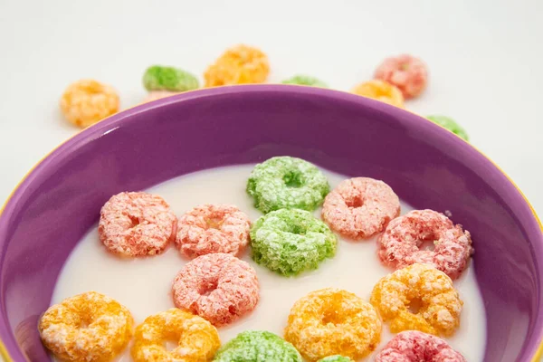 Detail Bowl Colorful Breakfast Cereals Milk Ready Eat Some Cereals — Stock Photo, Image