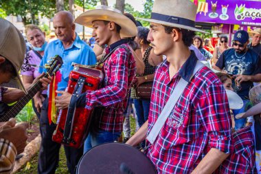Brezilya 'da tipik bir parti olan Kralların Şöleni' nde çalan ve şarkı söyleyen bir grup insan.