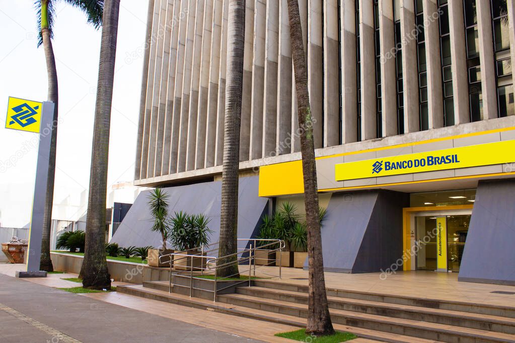 Facade of a Bank of Brazil, agency in the city of Goiania in Goias. Side view and horizontal format.
