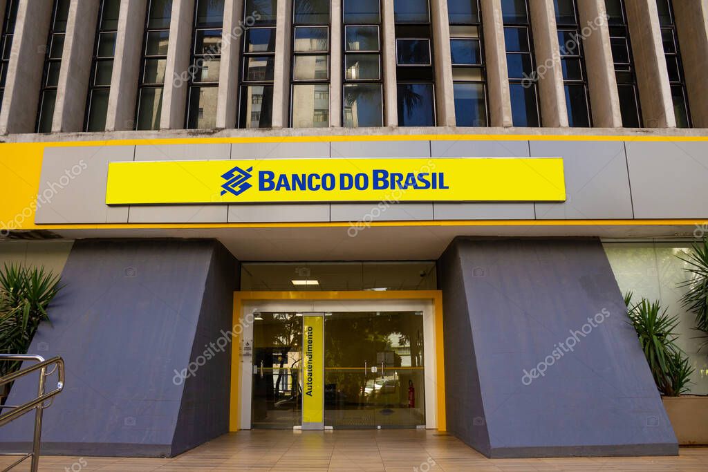Facade of a Bank of Brazil agency in the city of Goiania in Goias. Front view and horizontal format.