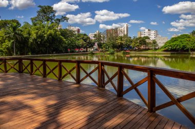  Güzel, güneşli bir günde Bosque dos Buritis 'teki gölün üzerindeki rıhtımın ayrıntıları..