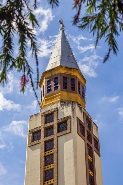 Parte Superior Torre Catedral Metropolitana Goiania Visto Entre Las Ramas — Foto de Stock