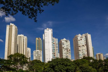 Ağaçların arkasındaki bazı binalar. Arka planda mavi gökyüzü var..
