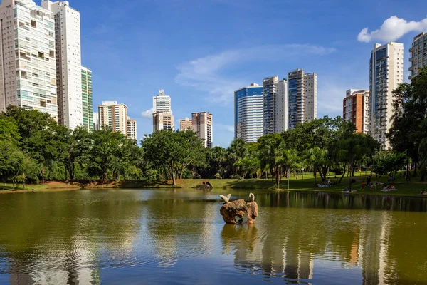 stock image Flamboyant Park, with buildings and reflections in the water of the lake.