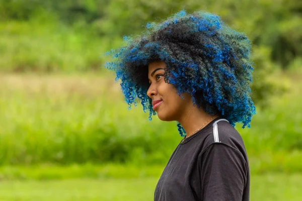 Photo of a young black woman with afro hair, dyed blue, with a slight smile on her face, in profile with blurred park vegetation in the background.