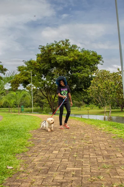 Eine Junge Frau Geht Einem Trüben Tag Mit Ihren Hunden — Stockfoto
