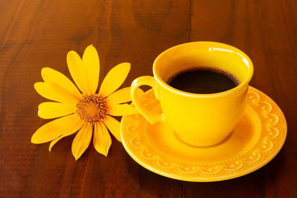 Yellow Cup Coffee Saucer Sunflower Top Dark Wooden Table — Stock Photo, Image