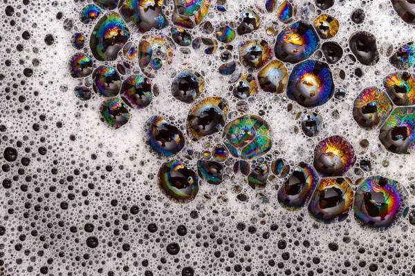 Detail Foam Texture Bubbles Reflecting Various Colors Black Surface — Stock Photo, Image