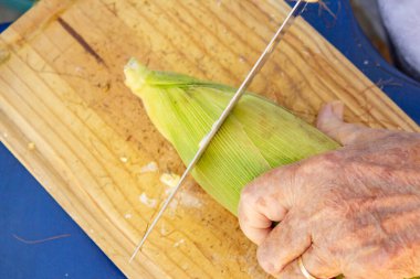 Yeşil kabuklu mısır koçanı kesen bir kadının elleri..