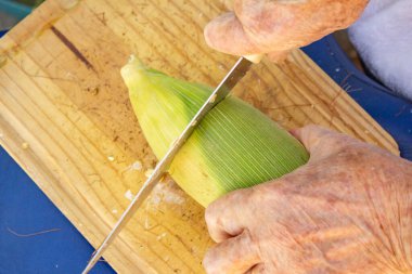 Yeşil kabuklu mısır koçanı kesen bir kadının elleri..