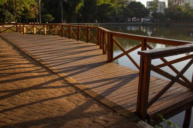  Güzel, güneşli bir günde Bosque dos Buritis 'teki gölün üzerindeki rıhtımın ayrıntıları..