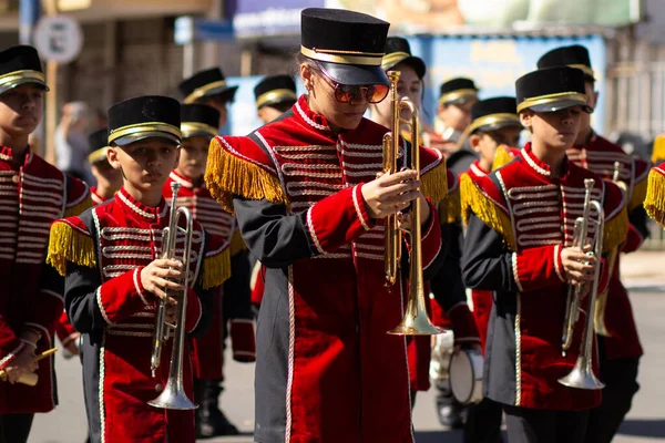  Brezilya Bağımsızlık Günü geçit töreninde trompet taşıyan bir grup genç insan..