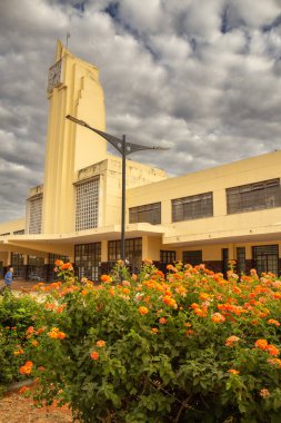 Goiania 'daki devre dışı bırakılmış demiryolu istasyonu bulutlu havada mimari güzellik ve ön planda bir çiçek bahçesi..