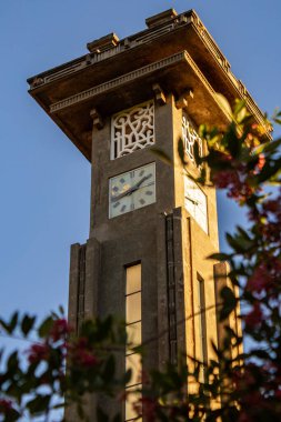 Goiania 'daki Avenida Goias' taki saat kulesinde ağaçların ve gökyüzünün ayrıntıları var..