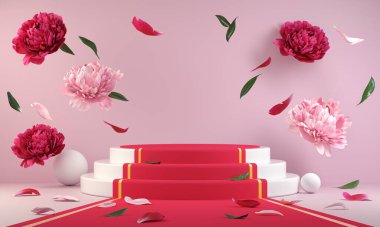 Çiçekli şakayık çiçekli kırmızı halı. Çiçek pembesi ve kırmızı dökülen arkaplan.