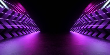 Sahne Podyumu Koridoru Modern Bilim Kurgu Neon Işık Işın Çizgileri Beton Döşeme Soyut Arkaplan Resimleri 3d