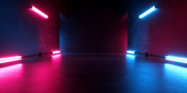 現代舞台コンクリート廊下通路ブルーピンクネオン蛍光灯光る抽象背景イラスト3Dレンダリング — ストック写真