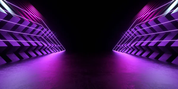 ステージ 表彰台廊下現代科学Fiネオンライトレーザービームラインコンクリート床に抽象的な背景イラスト3Dレンダリング — ストック写真