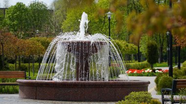 Bahçede küçük bir çeşme. Önünde bulanık bir ağaç ve yapraklar var. Parkta çeşmesi olan sakin bir bahar manzarası.