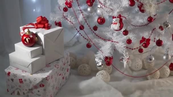 New Year Christmas Card Red Christmas Balls Hang White Fir — Stock Video