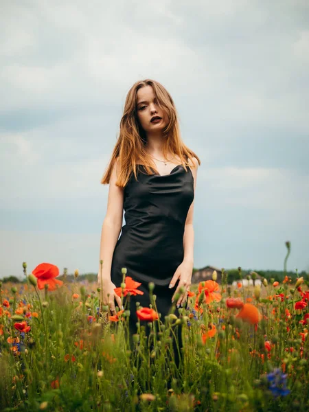 Beautiful Young Girl Black Evening Dress Posing Poppy Field Cloudy — Stock Photo, Image