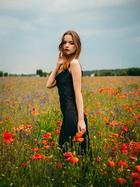 Schöne Junge Mädchen Einem Schwarzen Abendkleid Posieren Vor Einem Mohnfeld — Stockfoto