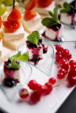 Peynirli, böğürtlenli ve sebzeli vejetaryen kanepelere yakın çekim