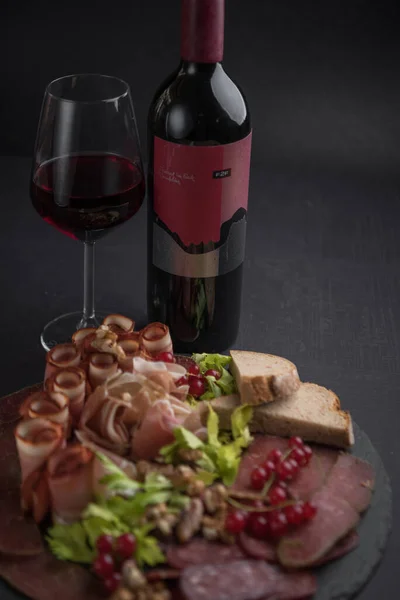 Platter Cured Meat Served Bottle Glass Red Wine — Stock Photo, Image