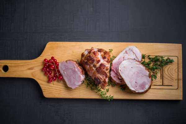 Detail View Baked Pork Roll Served Thyme Red Currants — Stock Photo, Image