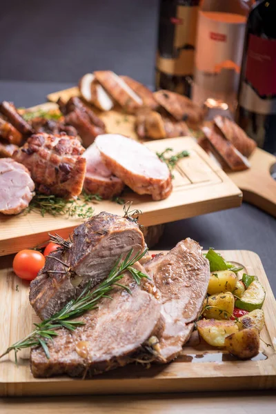 Festive Meat Dishes Served Boards — Stock Photo, Image