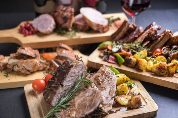 Delicious Baked Roast Meat Herbs Served Festive Table Wine — Stock Photo, Image