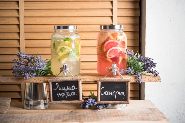 Lemonade Sangria Drinks Served Stylish Glass Jars Plugs — Stock Photo, Image