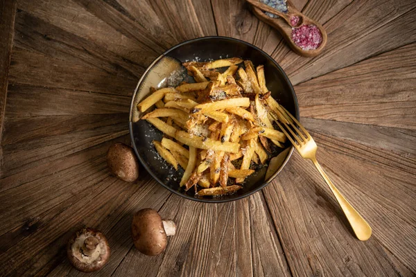 French Fries Parmesan Cheese Served Raw Mushrooms — Stock Photo, Image