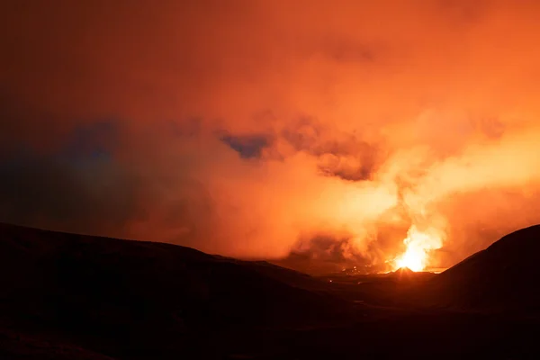 Smoky volcano mountain valley at night, Geldingadal Iceland