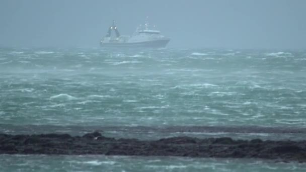 Fishing Trawler Enduring Rough Icelandic Weather — Stock Video