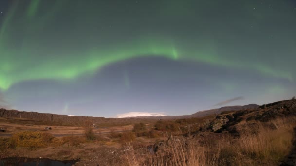 Aurora Borealis Podczas Pełni Księżyca Parku Narodowym Thingvellir Islandia — Wideo stockowe