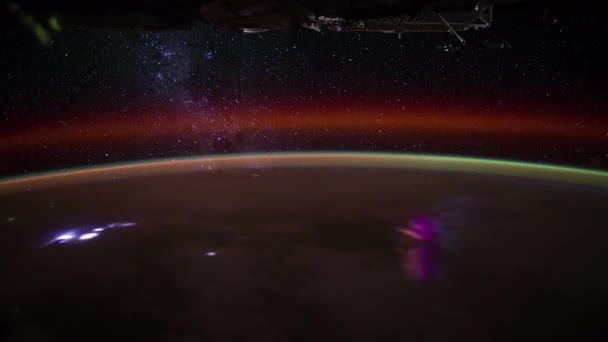 Vía Láctea Relámpagos Vistos Desde Estación Espacial Internacional Orbitando Tierra — Vídeo de stock