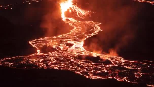Erupcja Rzeka Płynącej Lawy Nocy Upływ Czasu Islandii — Wideo stockowe