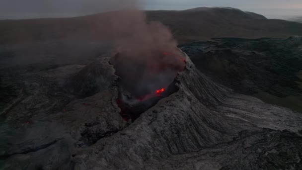 Smoking Volcano Crater Iceland Aerial Pan — Stock Video