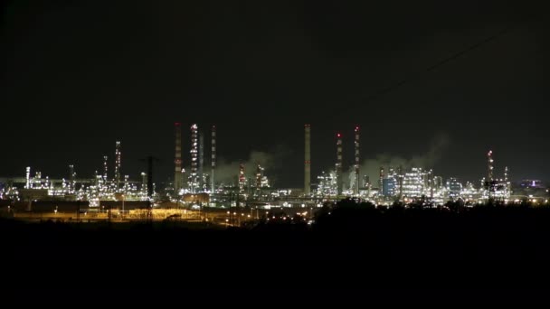 Petrokemisk Petroleumbearbetningsanläggning Natten — Stockvideo